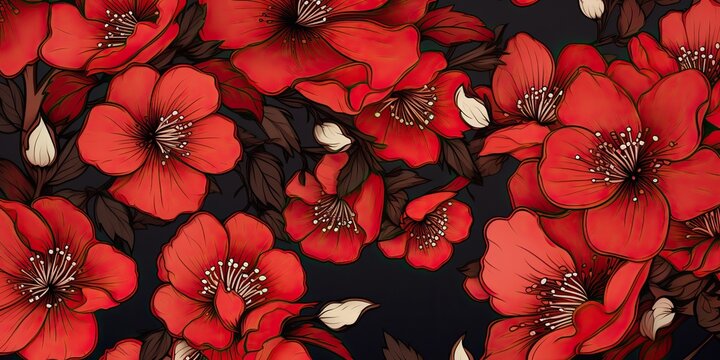 AI Generated. AI Generative. Red asian chinese japanese traditional vintage retro classic flowers. Background graphic pattern background decoration. Graphic Art
