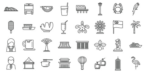 Singapore icons set outline vector. Park airport. City palm