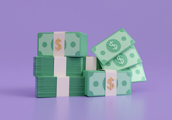 3d render green money banknote stack purple background. save money bank concept. income and profit. banking deposit. 3d rendering illustration.