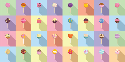 Cake pops icons set flat vector. Bar dessert. Cake bakery