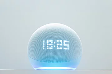 Peel and stick wall murals Music store echo dot voice controlled speaker with blue neon activated voice recognition, on white background.