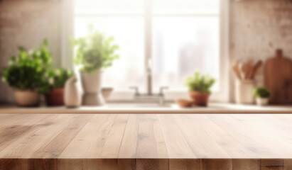 Fototapeta na wymiar Beautiful empty brown wooden table top and blurred defocused modern kitchen interior background with daylight flare, product montage display,banner. gen ai