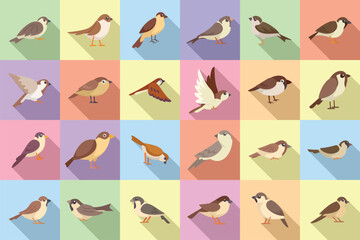 Sparrow icons set flat vector. Fly bird. House tree