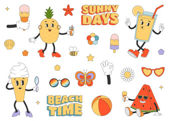 Set of cartoon summer characters in y2k groovy style. Ice cream, pineapple, lemonade, watermelon. Sticker pack in trendy retro style. Isolated vector illustration. 