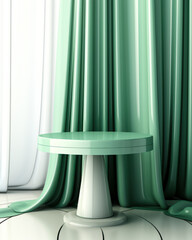 Polished and Poised: A Sleek Emerald Round Podium Table stands tall against a Soft White Backdrop, its Reflective Surface in a Sunlit Setting, Perfect for Showcasing Luxury Cosmetics Skincare Products