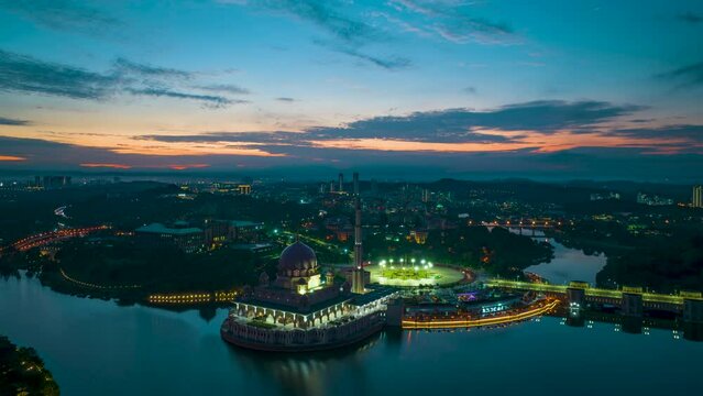 A 4K scenic aerial hyperlapse view of Putrajaya Mosque during beautiful sunset