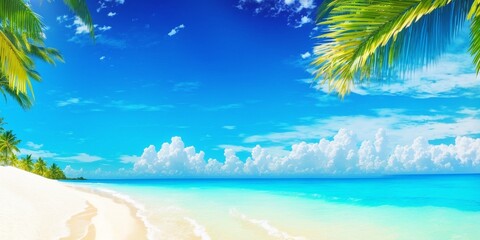 Obraz na płótnie Canvas Beautiful tropical beach and blue sky wallpaper. beach with palm trees wallpaper. Illustration. Generative AI.