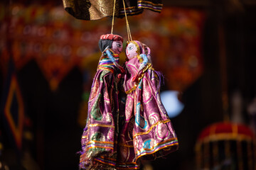 Indian colorful Rajasthani handmade Puppets and Crafts products at shop in pushkar.