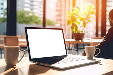 Fototapeta premium Remote and freelance work concept. Co-working space, table at cafe with open laptop computer screen mockup and blurry cafe interior in the background