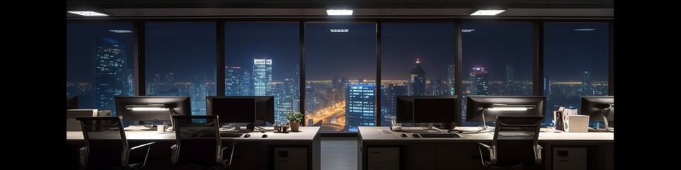 Fototapeta na wymiar night time office space with row of working office table and work station unit modern interior office design,Generative AI