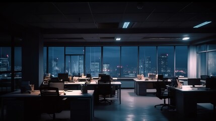 night time office space with row of working office table and work station unit modern interior office design,Generative AI