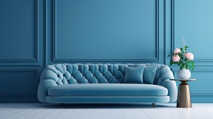 living room interior mock up blue sofa against blue colour wall backdrop home interior in daylight background,generative ai