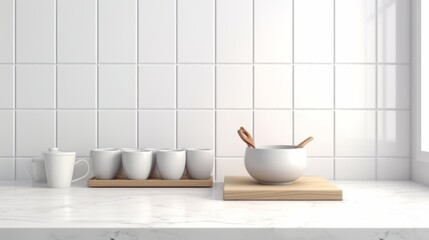 Fototapeta na wymiar home interior design detail white cookware ceramic and wooden kitchen collection on white counter top kitchen home interior design, Created with Generative AI Technology.
