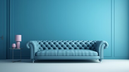 living room interior mock up blue sofa against blue colour wall backdrop home interior in daylight background,generative ai