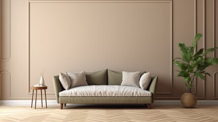 beige color sofa with brown bright color wall Contemporary home interior living room mock up house beautiful background,generative ai