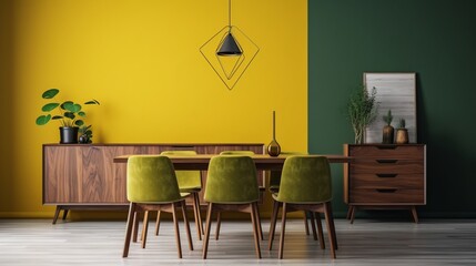 beautiful dining area home design interior background concept theme of green and yellow clour scheme,ai generate
