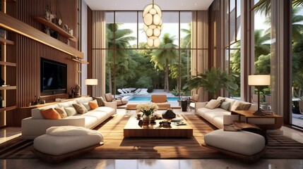 Contemporary house design concept living room showflat beautiful home interior decorative ideas room with ambient light combone with nature window light earth tone colour scheme ,ai generate