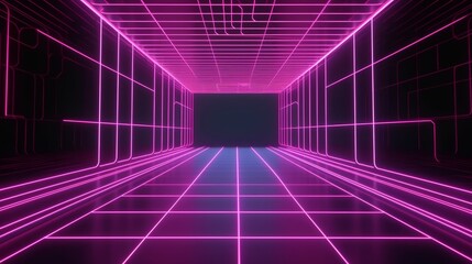 neon graphic abstract technology background,rectangle form shape neon colour light rays,generative ai