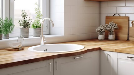 Obraz na płótnie Canvas kitchen design home interior design concept kitchen sink with light from window house beautiful design background,Created with Generative AI Technology.