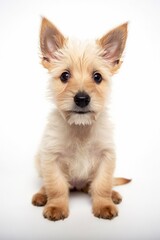 Studio shot of a cute Norwich terrier isolated on a white backdrop.