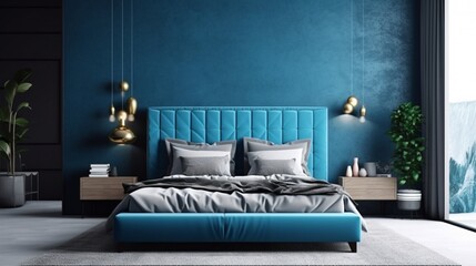 Blue bedroom interior mockup with gray bed on empty wooden wall background. Generative AI.