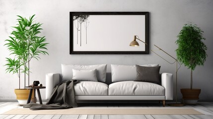 Black frame mockup in boho living room interior background with gray sofa. Generative AI.