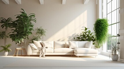 Bright and cozy modern living room interior have sofa and plant with white wall. Generative AI.