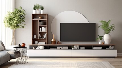 Cabinet for tv and for placing things in living room with a white wall. Generative AI.
