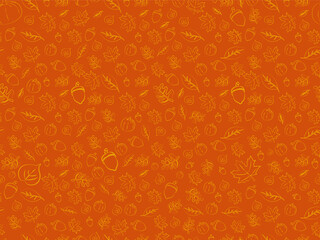 Big Seamless repeating pattern of autumn elements pumpkin, acorn, leaves, nuts, on orange background. Giant Banner with hand drawn maple leaf, acorn, pumpkins, birch leaves. Vector Illustration.