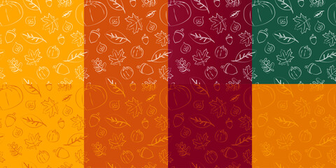 Set of Autumn hand-drawn pattern on assorted fall colors. Autumn leaves, maple leaves, acorn, pumpkin. Fall pattern vector illustration. EPS 10.