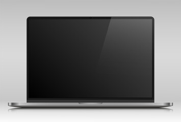 Realistic layout of a modern laptop in a silver metal case. A laptop with an empty black screen on a gray gradient background. Vector illustration.
