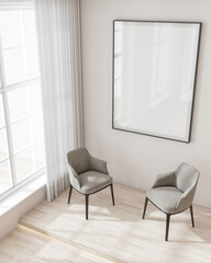 Living room interior style modern minimalist japandi, arm chair, coffee table, carpet, curtain, mock up poster frame, wooden floor, natural light from the window. 3D render.