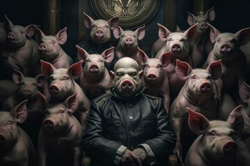 Porcine Aristocracy: Symbolic Image of Pigs Dressed as Wealthy Elites - obrazy, fototapety, plakaty