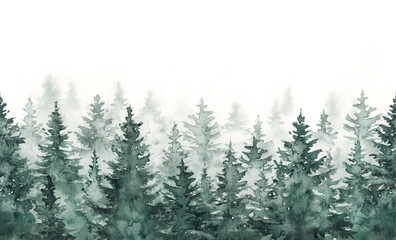 Fototapeta na wymiar Hand painted watercolor illustration, seamless pattern of misty forest