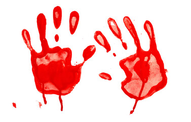 Bloody handprint smudged, red spray stain isolated on white