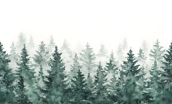 Hand painted watercolor illustration, seamless pattern of misty forest © Kateina