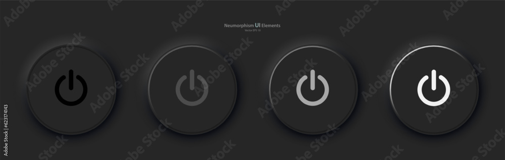 Poster a set of four black round buttons with backlight and power symbols. user interface elements for mobi
