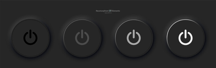 A set of four black round buttons with backlight and power symbols. User interface elements for mobile devices in the style of neumorphism, UI, UX. Vector illustration. - obrazy, fototapety, plakaty