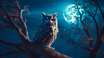 An owl perched on a tree branch against the backdrop of a full moon in a magical fantasy forest. V3. - obrazy, fototapety, plakaty