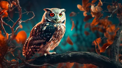 Fototapeten An owl perched on a tree branch against the backdrop of a full moon in a magical fantasy forest. V4. © Pixel AI Art Hub