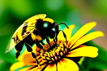 A cute bumblebee sitting on a yellow flower. Generative ai