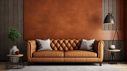 home interior design mock up room concept brown sofa couch with wooden detail material feature clean wall backdrop living room in daylight house beautiful,generative ai