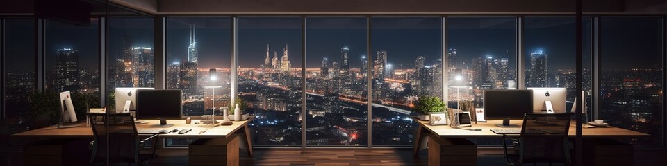 Obraz premium night time office space with row of working office table and work station unit modern interior office design,Generative AI