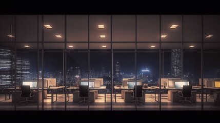night time office space with row of working office table and work station unit modern interior office design,Generative AI