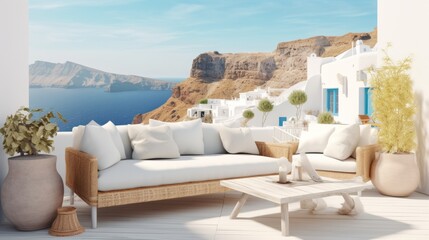 beautiful balcony resort terrace in santorini style beautiful sofa furniture outdoor patio area with sunlight blue sky background home decorative beautiful style,generative ai
