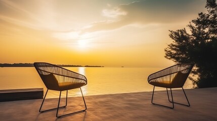 home interior design concept house beautiful balcony terrace with armchiar with background of sky sunset wonderful nature scenery landscape,generative ai