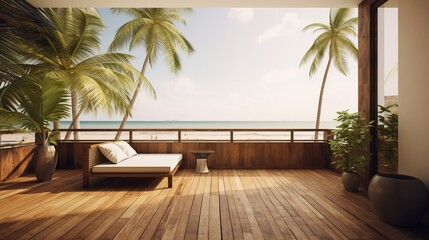 summer delight wooden balcony patio deck with sunlight and coconut tree panorama view house interior mock up design background house balcony daylight,generative ai