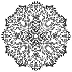 Circle shaped mandala. Intricate flower petals meditation meditation border. Symmetrical. Ethnic tribal.