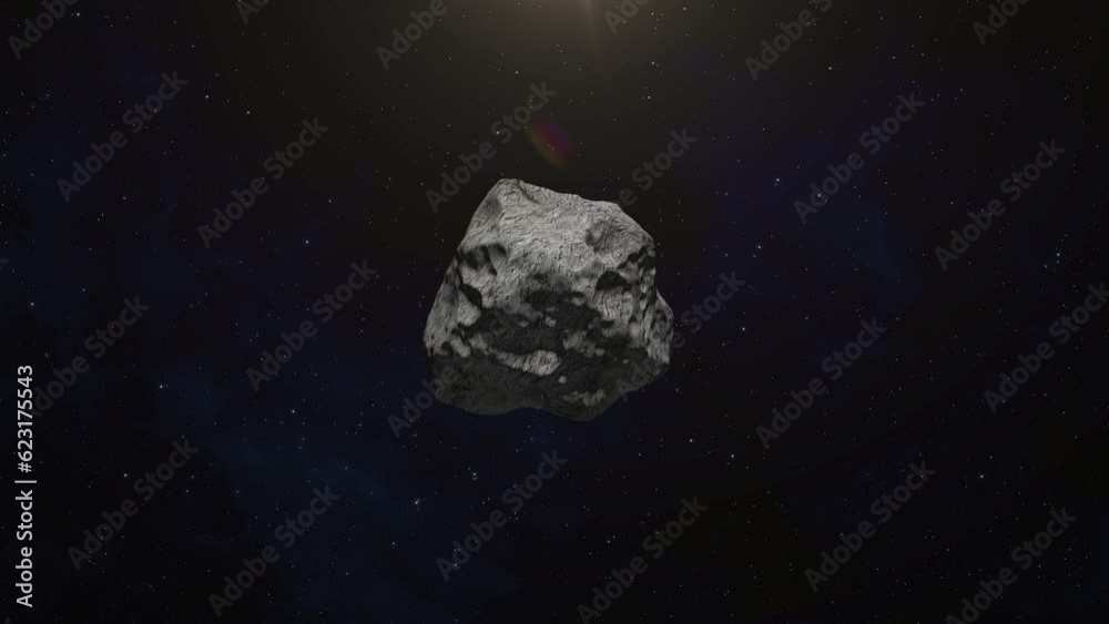 Poster asteroids orbiting on their own axis on starry sky background. 4k video.
