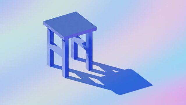 Lonely tabouret in a room on holographic gradient floor with moving shadow in hard light, video with smooth loop